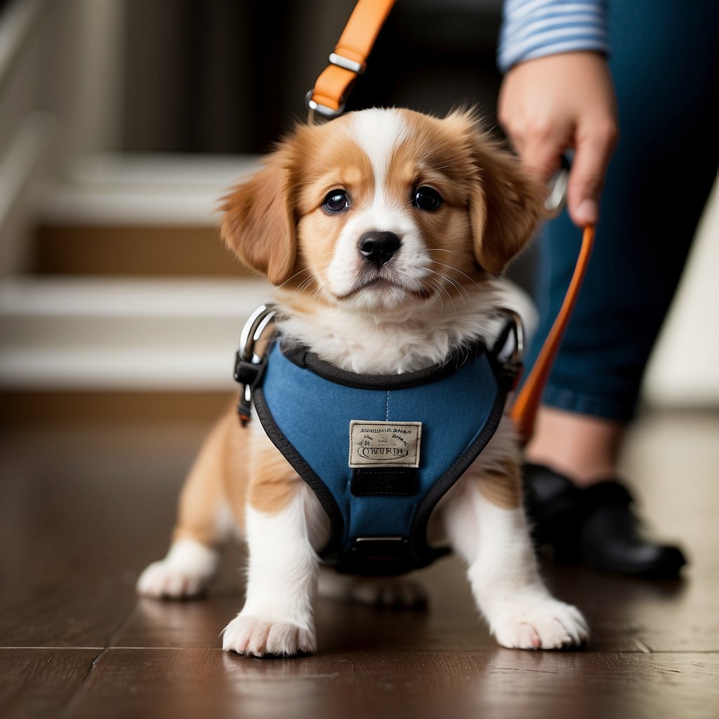 A blind puppy is being guided by a support harness, while a person provides verbal instructions and encouragement. A legal and organizational document is visible in the background