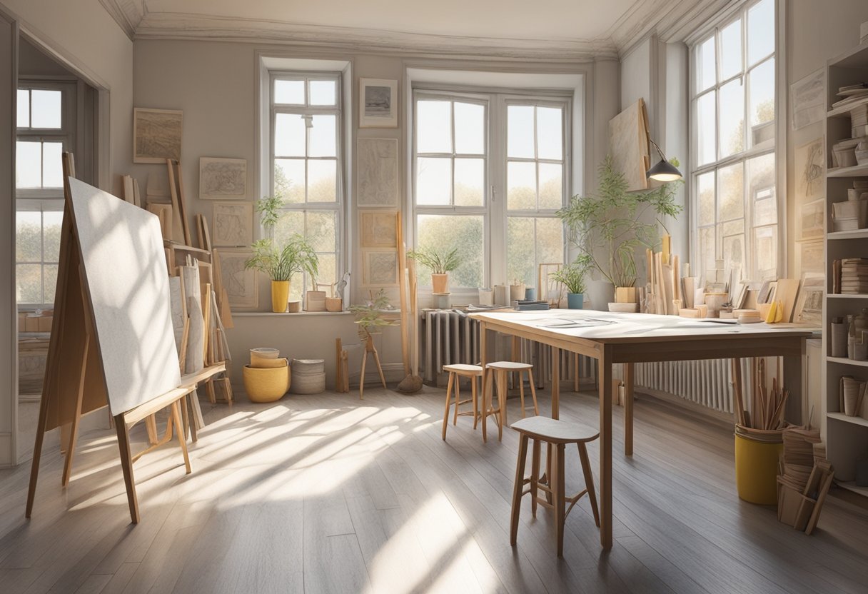 A bright studio with a large table covered in pastel sticks and paper. Soft natural light filters in through a window, casting a warm glow on the workspace