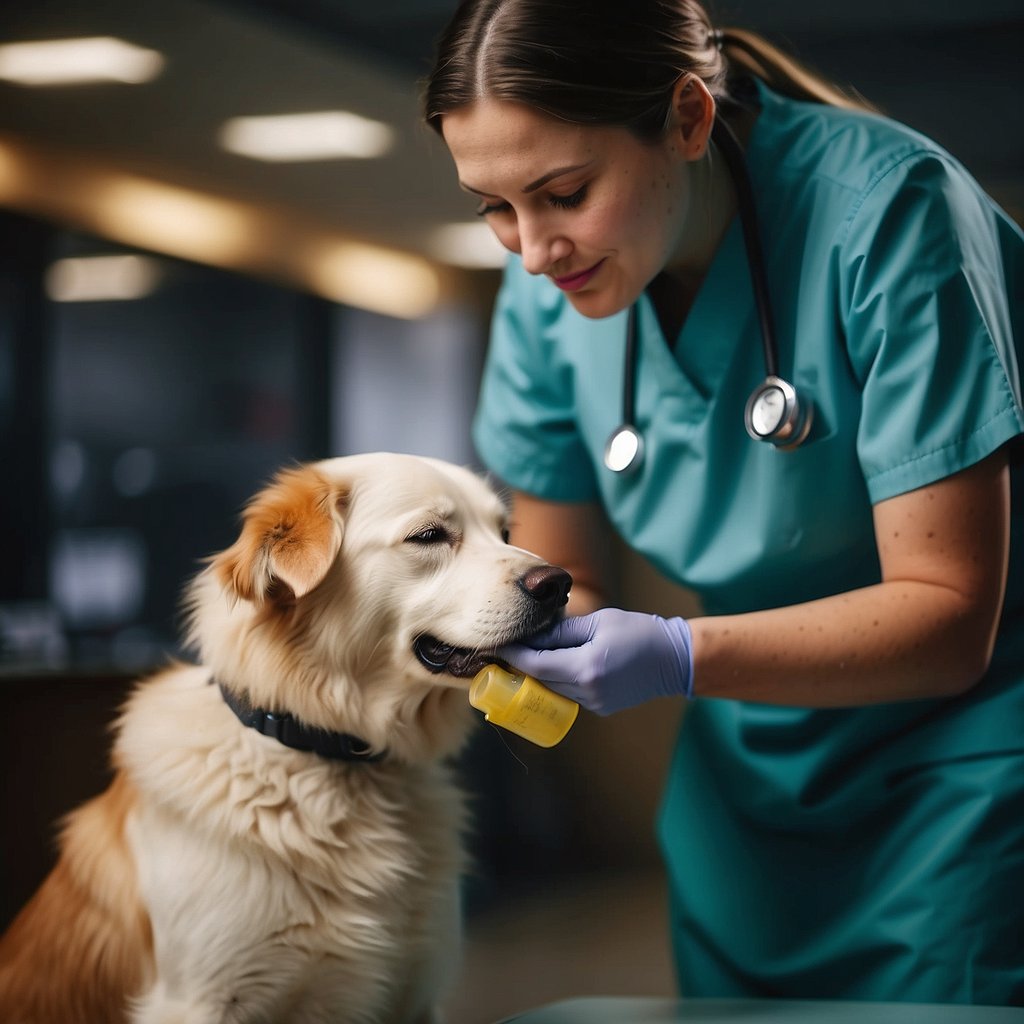 A veterinarian applies topical medication to a dog's inflamed skin, then gently cleans and bandages the affected area
