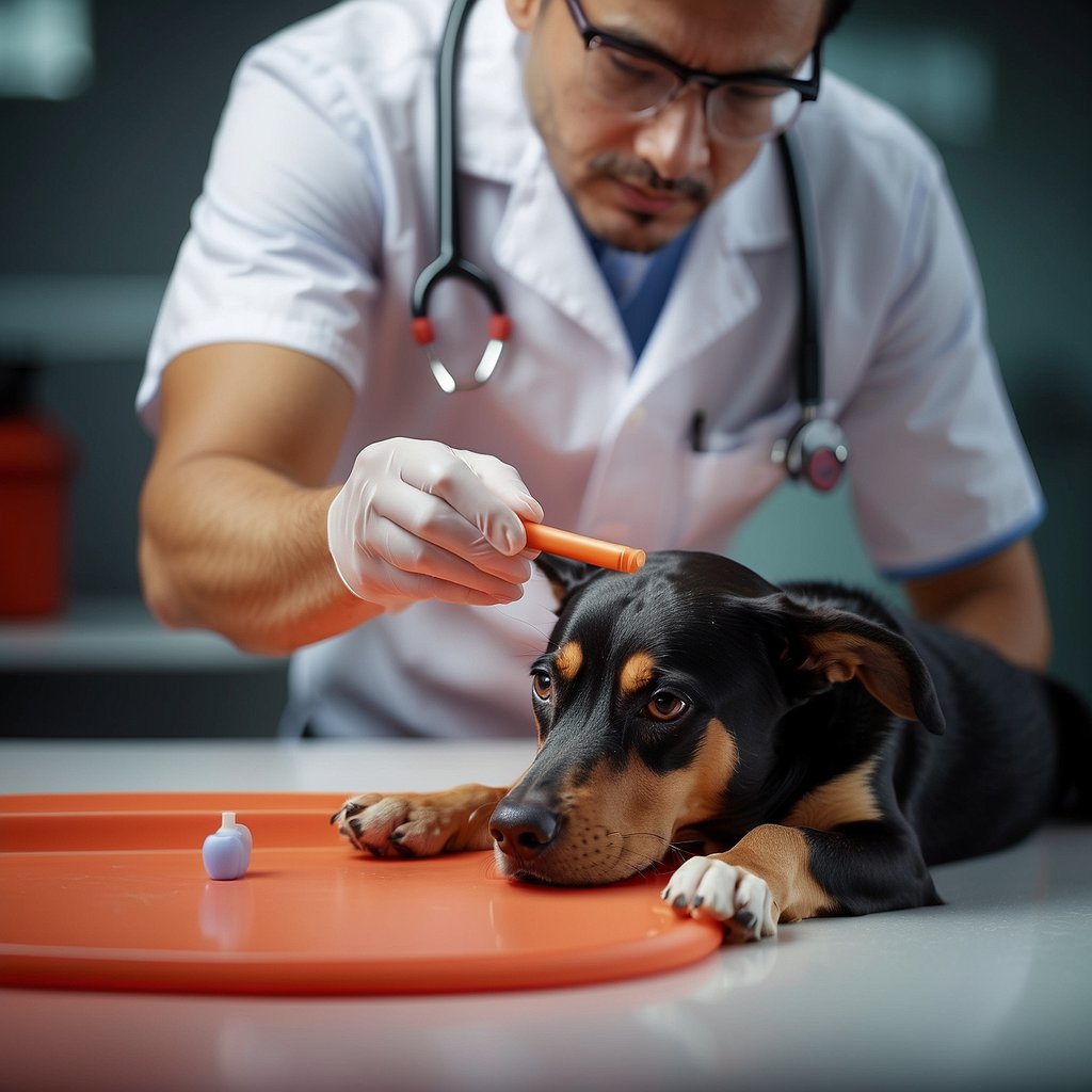 A dog receiving hot spot treatment, with a vet applying medication to a red, irritated area on the dog's skin