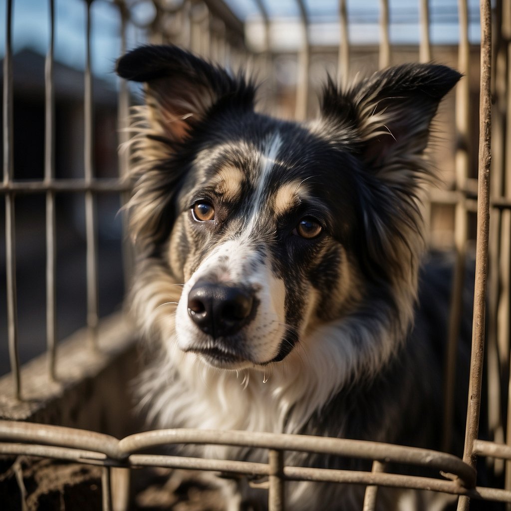 A sad, emaciated dog with matted fur and a fearful expression in a small, dirty cage, surrounded by other distressed dogs