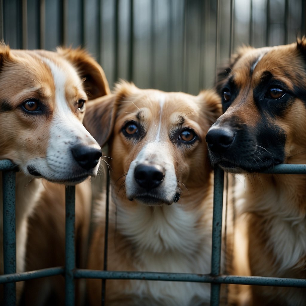 A group of sad, neglected dogs huddle in small, dirty cages. Some show signs of illness, with matted fur and vacant eyes