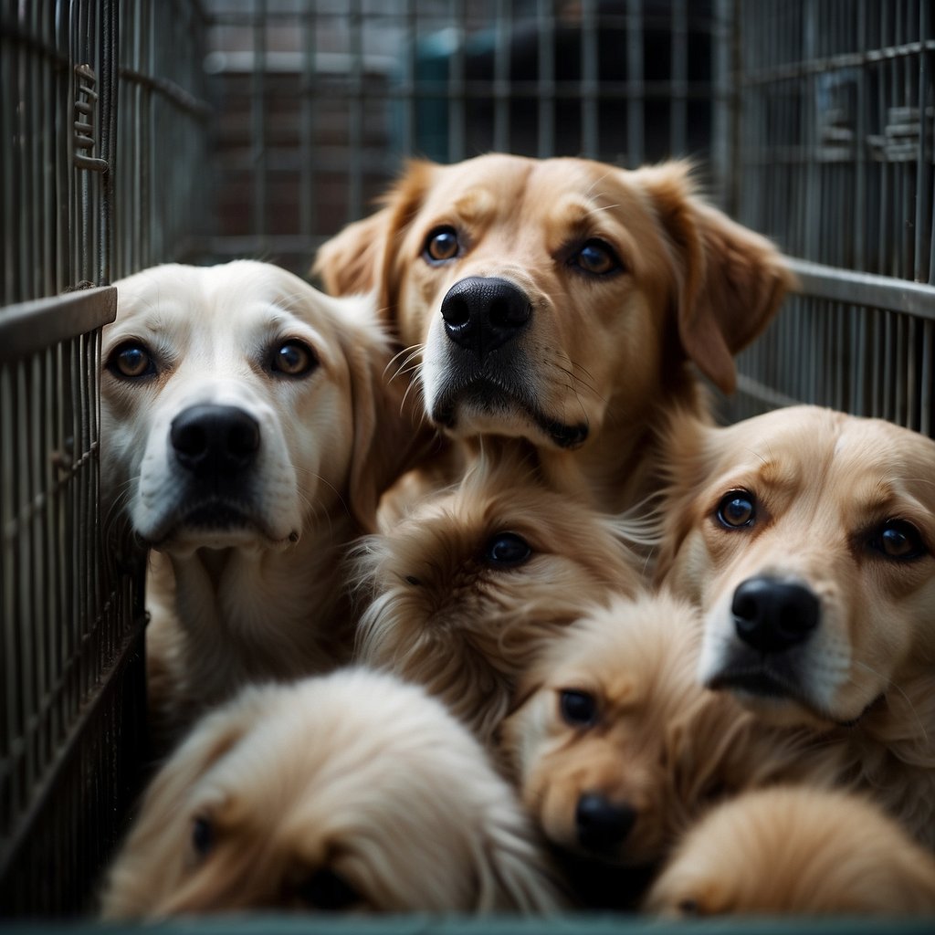 A group of sad and scared dogs huddle together in cramped, dirty cages, with overgrown fur, matted coats, and empty, fearful eyes