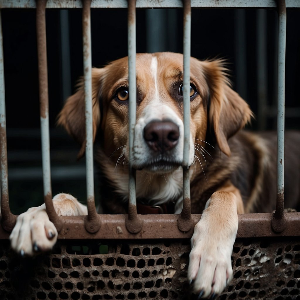 A sad, emaciated dog cowers in a dark, filthy cage, with matted fur and haunted eyes, surrounded by other suffering dogs
