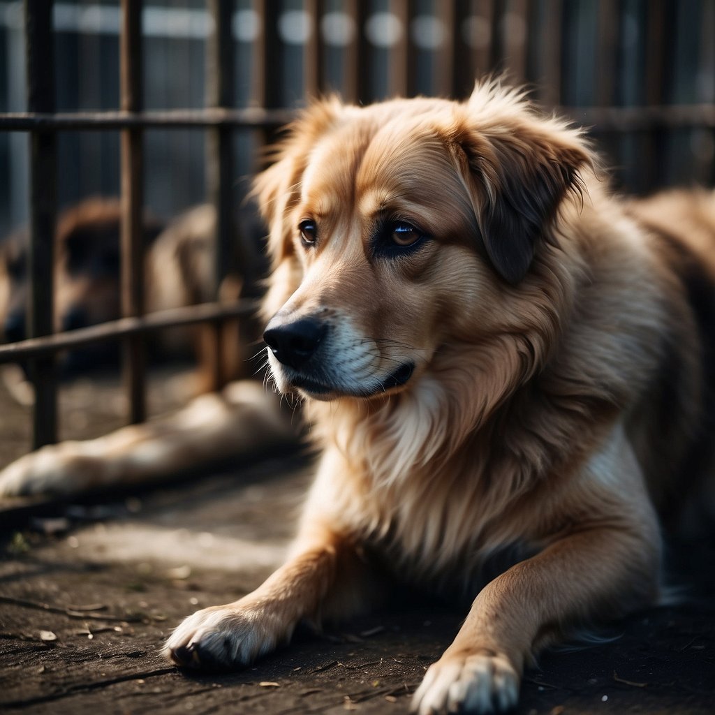 A sad, neglected dog sits in a cramped cage, with matted fur and a fearful expression. Surrounding the dog are other distressed animals, all showing signs of neglect and abuse