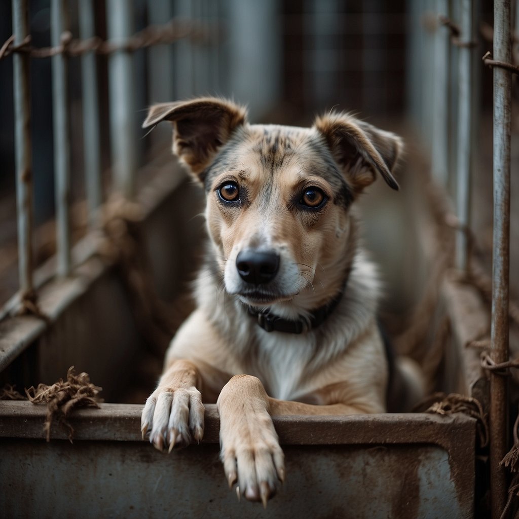 A sad, emaciated dog sits in a small, dirty cage, with matted fur and a vacant stare. Other dogs are crowded in similar conditions, some showing signs of illness and neglect