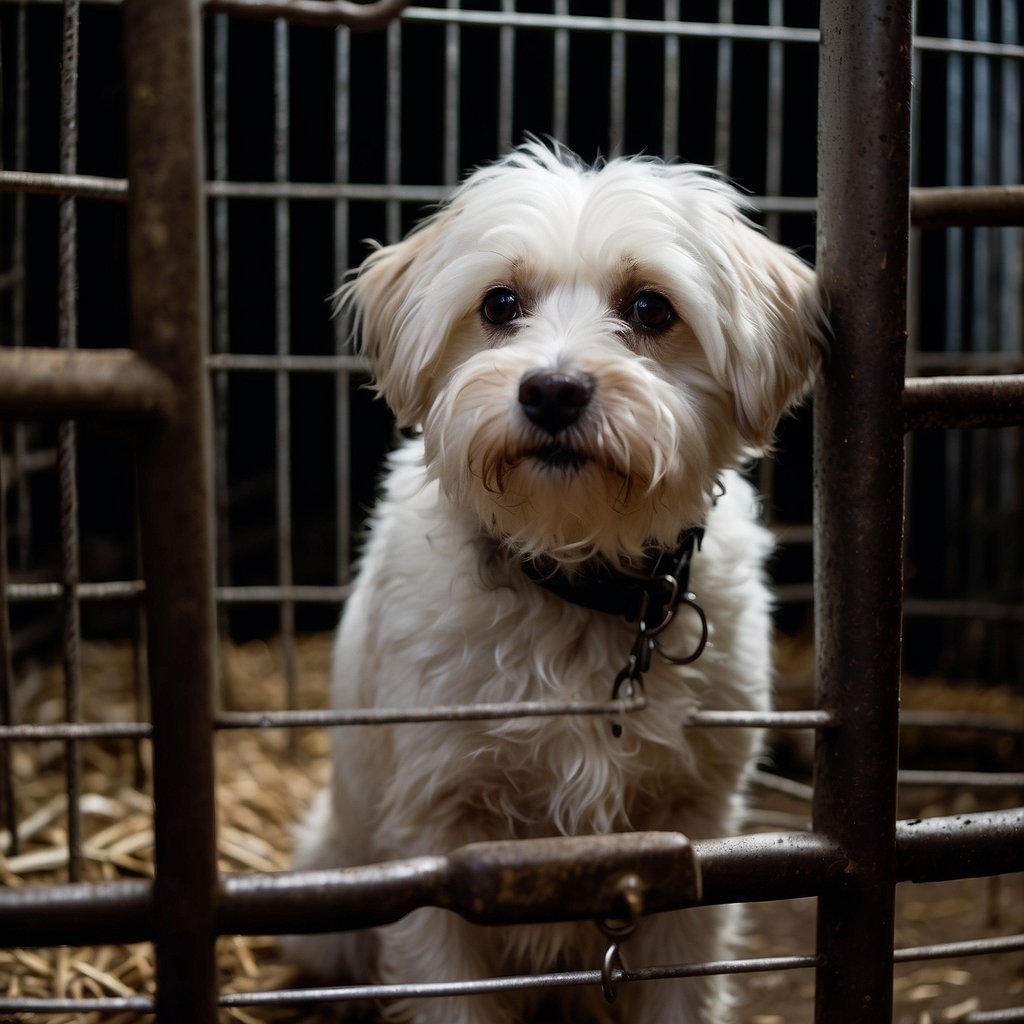 A sad, malnourished dog with matted fur and a fearful expression, confined to a small, dirty cage in a dark, crowded puppy mill