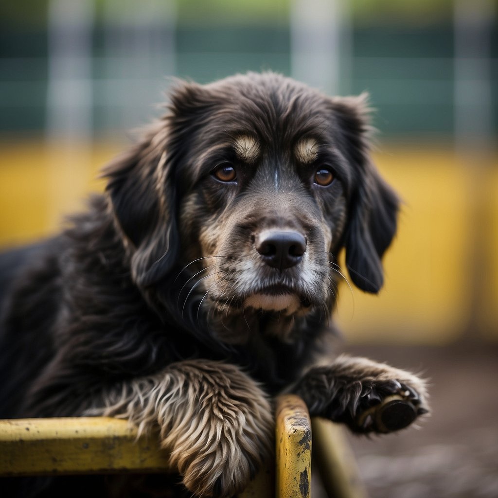 A sad-looking dog sits in a cramped cage, with matted fur and a dull coat. Nearby, other dogs show signs of neglect and illness