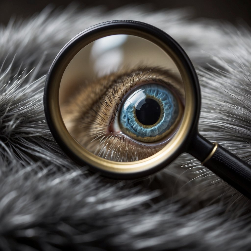 A magnifying glass examines a pet's fur, revealing tiny black specks - flea dirt
