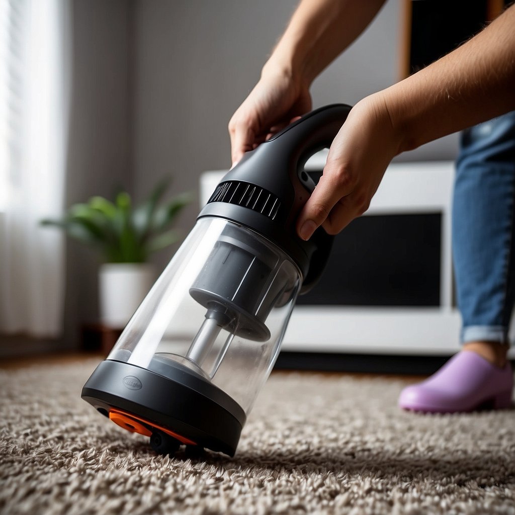 A hand holding a vacuum cleaner nozzle hovers over a carpet, removing small black specks. A spray bottle and cleaning cloth sit nearby