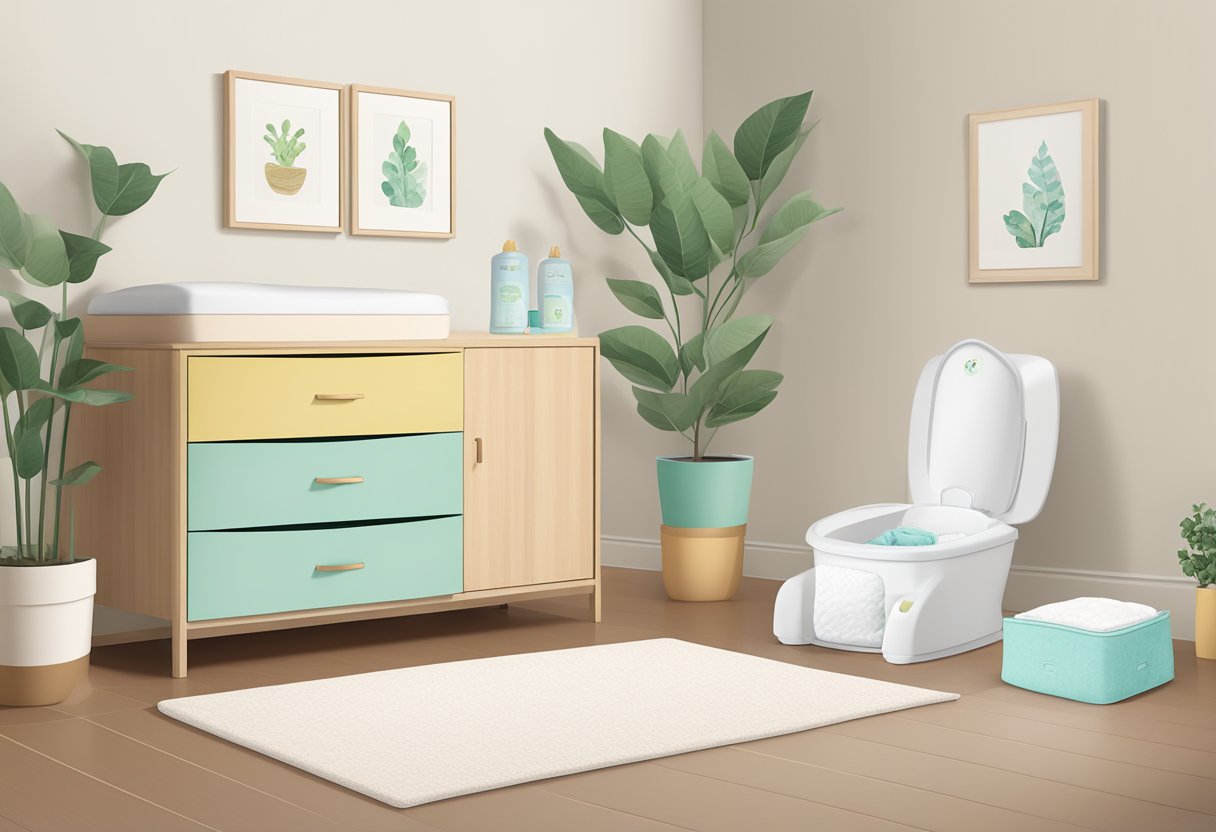 A baby's room with a compostable diaper pail, plant-based diaper packaging, and eco-friendly diaper changing pad