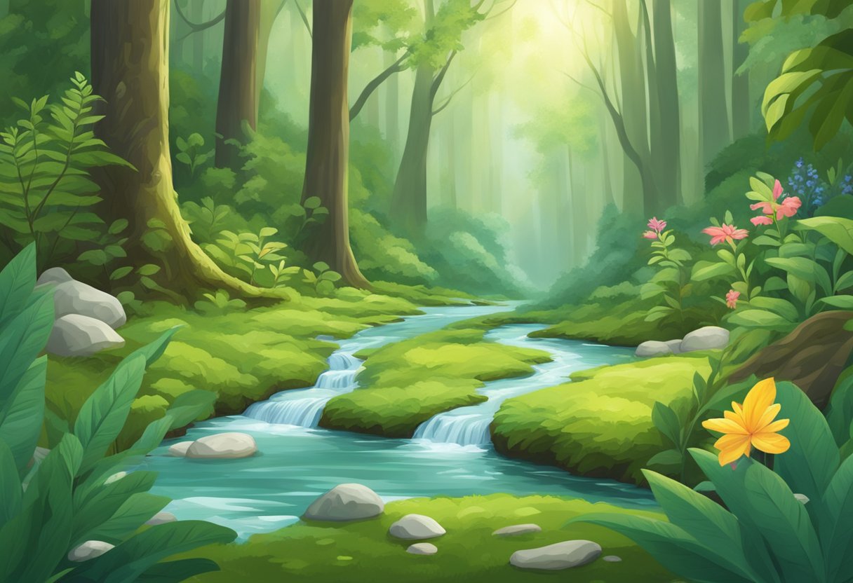 A baby diaper decomposes in a lush, green forest. Nearby, wildlife thrives, and clean water flows in a pristine stream