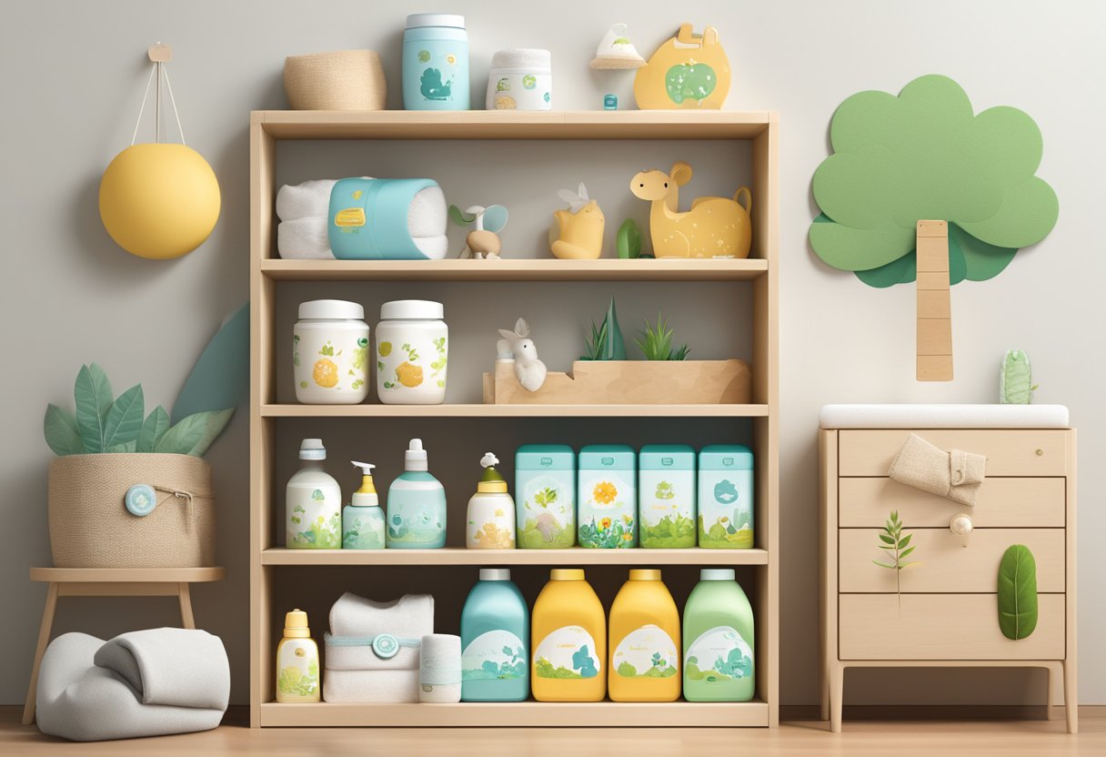 A baby's room with eco-friendly diaper brands displayed on a shelf, surrounded by images of nature and eco-friendly symbols