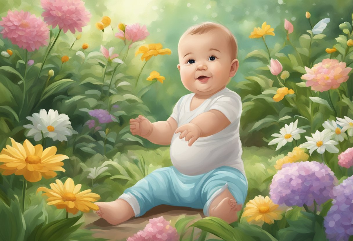 A baby in an eco-friendly diaper playing in a garden surrounded by blooming flowers and lush greenery