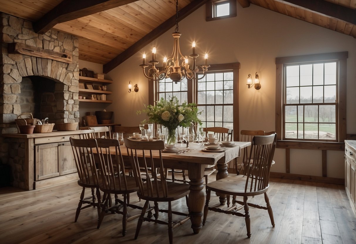 A rustic farmhouse dining room with a large wooden table, vintage chairs, and a chandelier hanging from a high ceiling. The room is filled with natural light and features a cozy fireplace