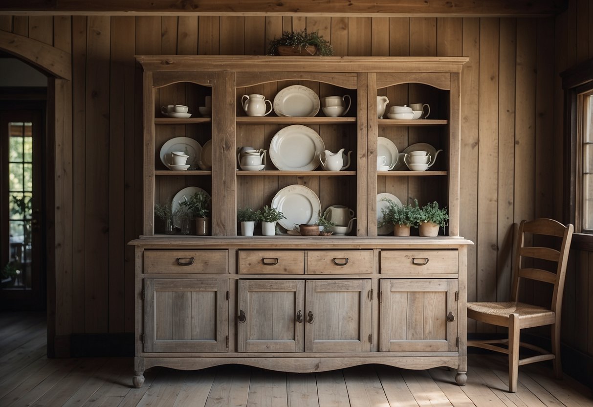 A weathered farmhouse hutch sits in a rustic dining room, surrounded by vintage decor and natural light