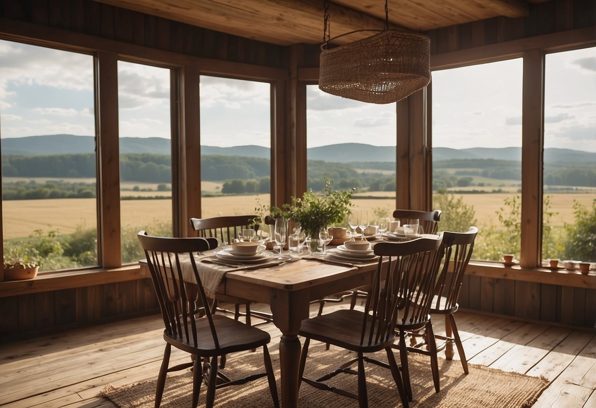 A rustic farmhouse dining room with woven placements on a wooden table, surrounded by vintage chairs and a large window overlooking a scenic countryside