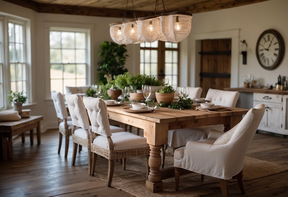 A farmhouse dining room with slipcovered chairs arranged around a rustic wooden table, adorned with simple, elegant decor and bathed in warm, natural light