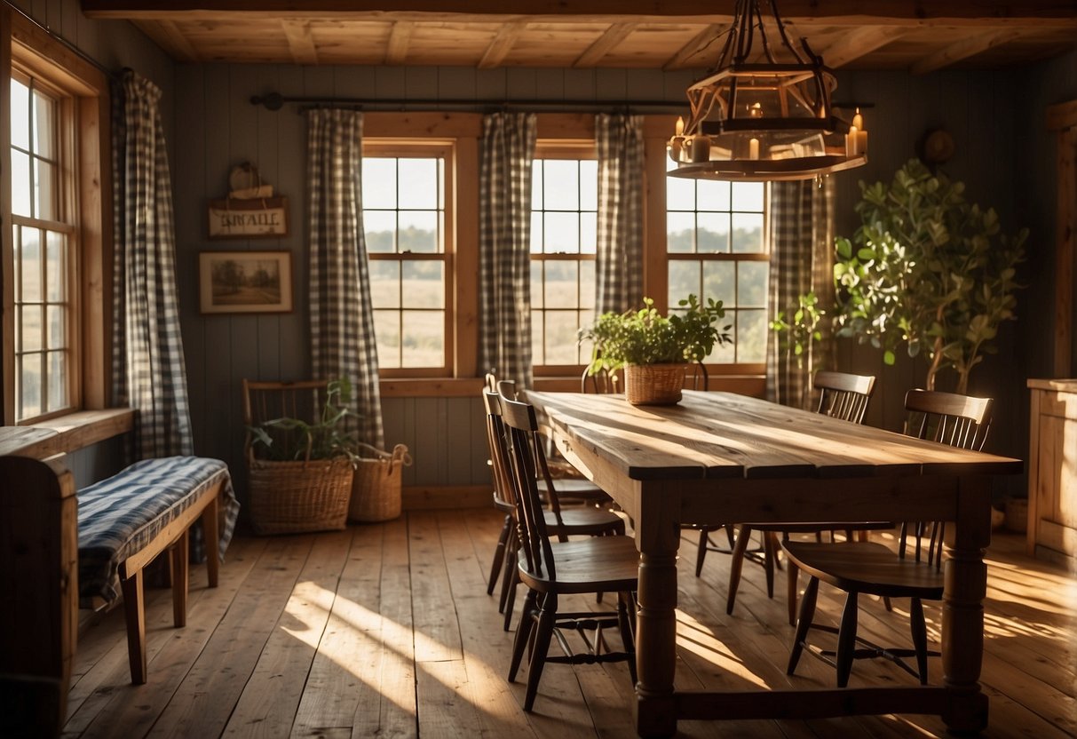 A rustic dining room with buffalo check curtains, wooden farmhouse table, and vintage decor. Sunlight streams in through the window, casting a warm glow over the cozy space