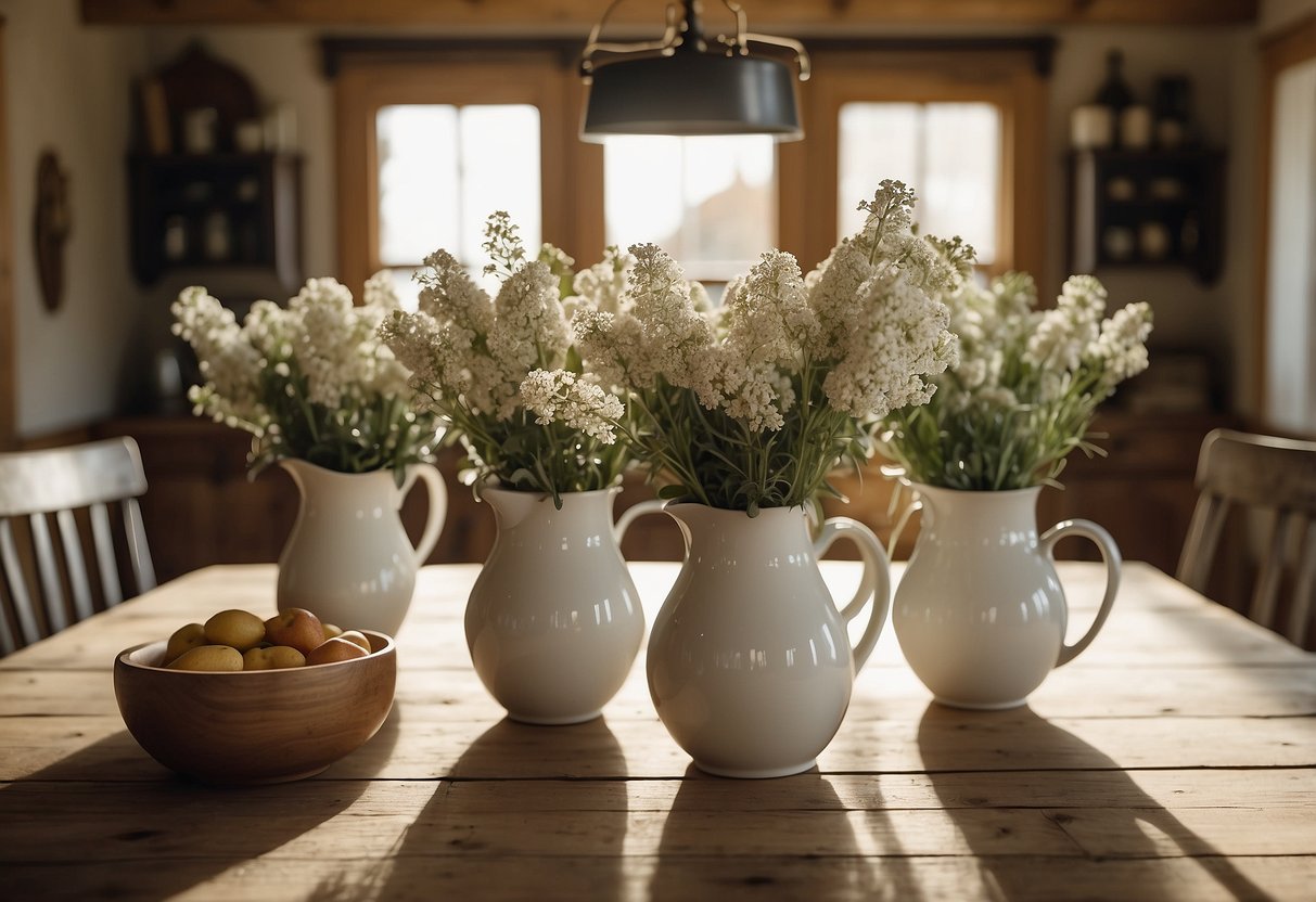 A rustic farmhouse dining room with 22 ironstone pitchers arranged on a wooden table, surrounded by vintage chairs and lit by warm natural light