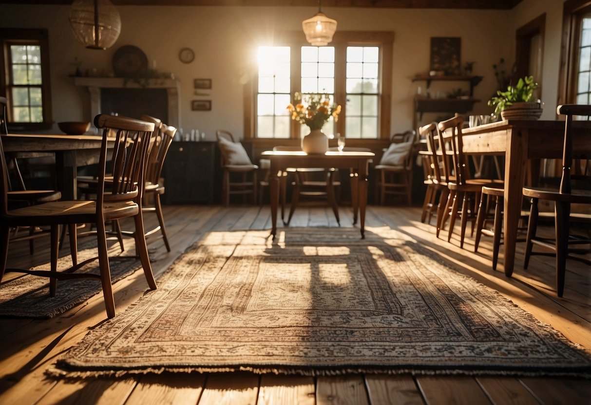 A rustic farmhouse rug lies beneath a large wooden dining table surrounded by mismatched chairs. Sunlight streams in through the windows, casting a warm glow over the cozy dining room