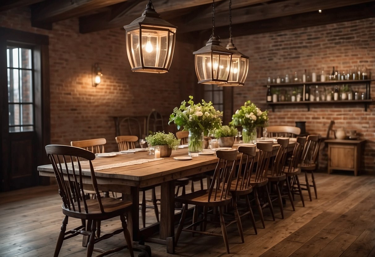 A rustic farmhouse dining room with 22 ladder back chairs arranged around a large wooden table, set against a backdrop of exposed brick walls and vintage lighting