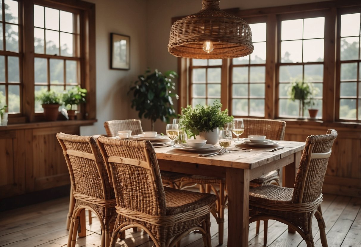 A farmhouse dining room with wicker baskets as decor. Rustic wooden table, vintage chairs, and natural light streaming in through a large window