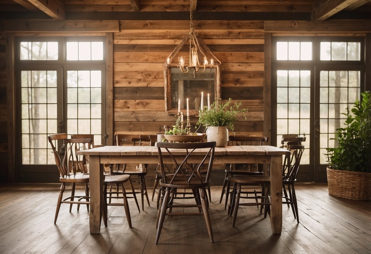 A rustic barnwood mirror hangs above a farmhouse dining table, surrounded by vintage chairs and warm, natural lighting