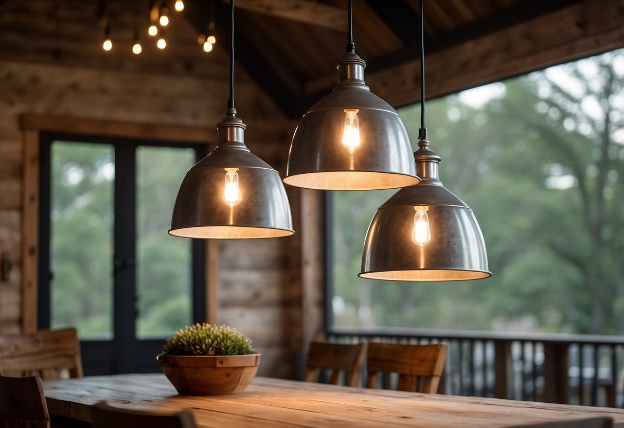 Three galvanized pendant lights hang above a rustic farmhouse dining table, casting a warm glow over the space