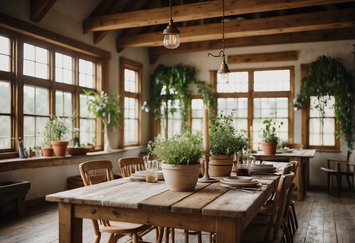 A rustic farmhouse dining room with wooden furniture, hanging plants, and large windows letting in natural light