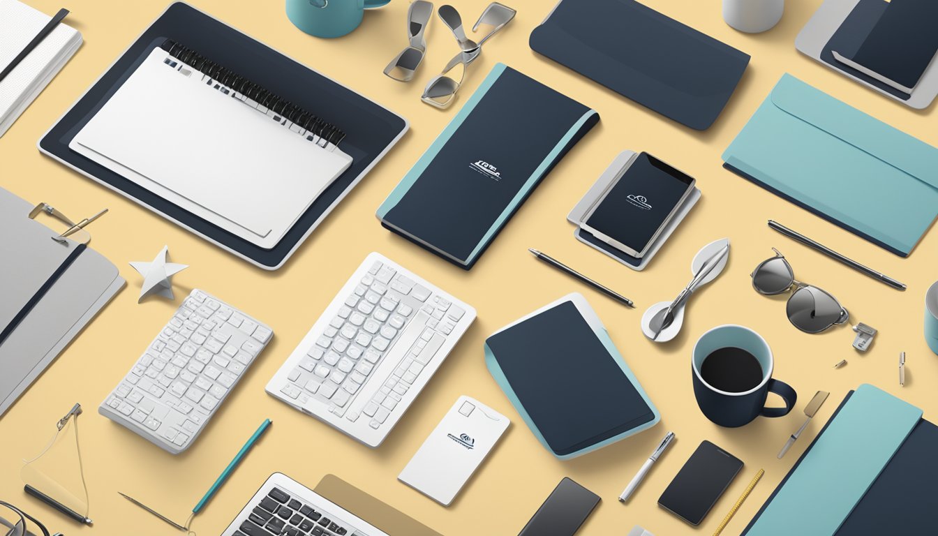 A table adorned with various corporate gifts, including branded stationery, tech gadgets, and elegant drinkware. Company logo prominently displayed on each item