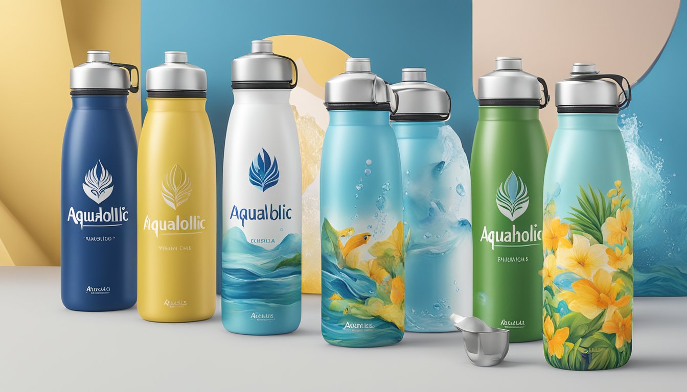 The Aquaholic Gifts Pte Ltd logo is displayed prominently on a variety of corporate gifts, including water bottles, notebooks, and tote bags