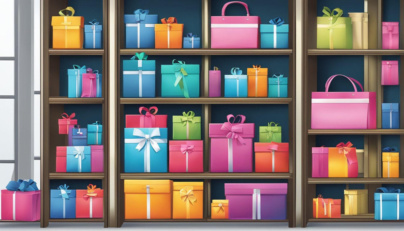 A variety of corporate gifts displayed on shelves with company logo imprinted on items. Bright, modern, and professional atmosphere