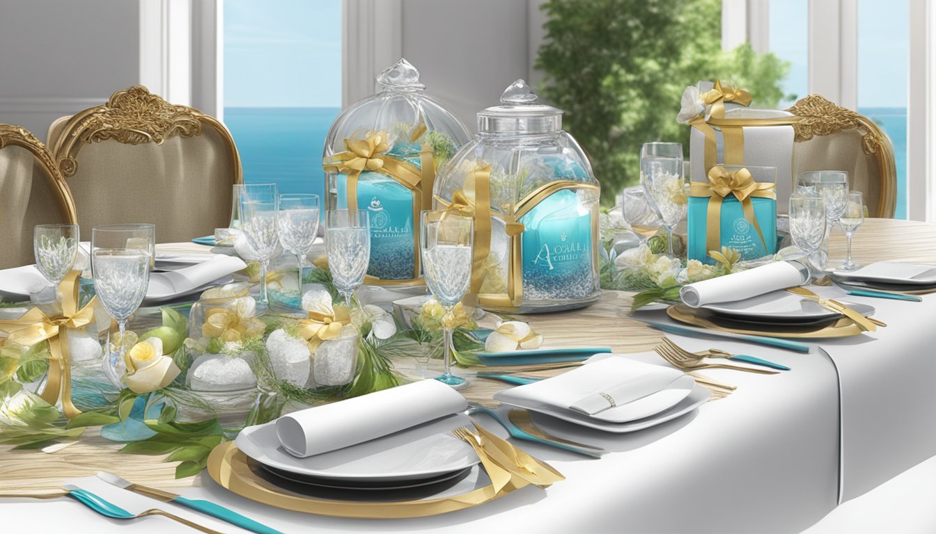 A table adorned with elegant corporate gifts, showcasing the quality and craftsmanship of Aquaholic Gifts Pte Ltd