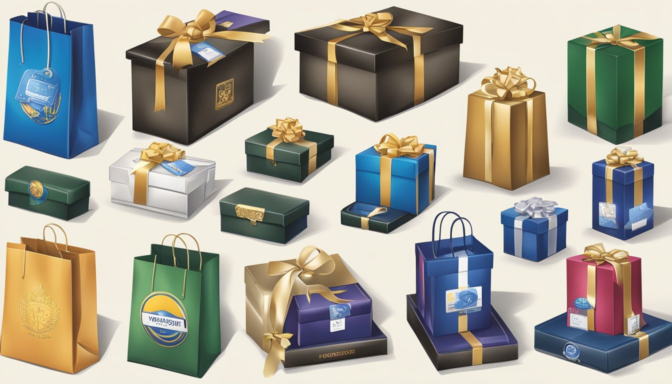 A table displays a variety of corporate gifts with price tags. The company logo is prominently featured on each item