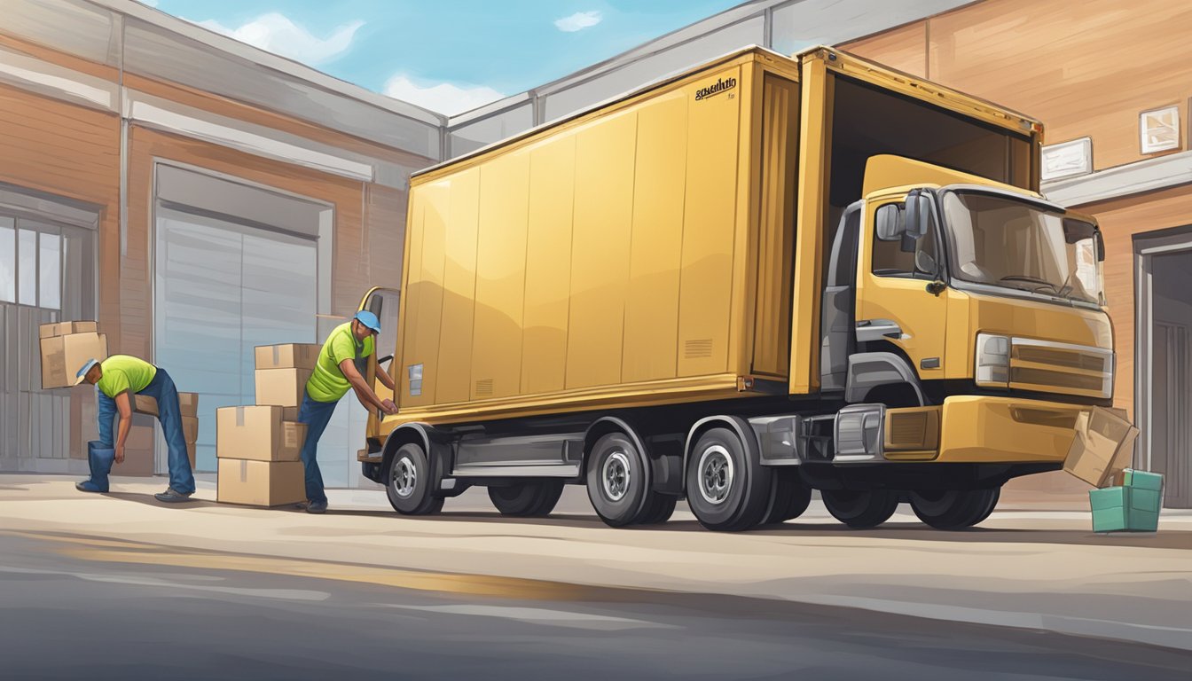A delivery truck pulls up to the Aquaholic Gifts warehouse, where workers load boxes of corporate gifts onto pallets for shipping