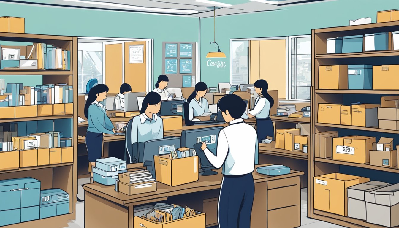 A busy office with employees answering phones and packing corporate gifts for Aquaholic Gifts Pte Ltd. Shelves are stocked with various merchandise and a sign reads "Customer Service."