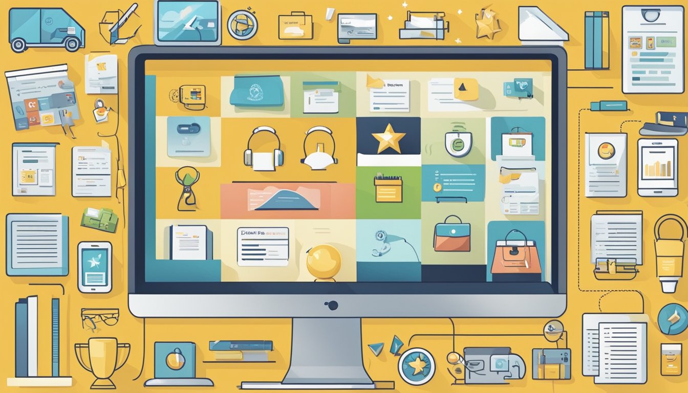 Various positive testimonials and reviews from satisfied customers are displayed on a digital screen, surrounded by a variety of corporate gifts and merchandise