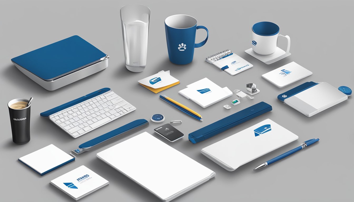 A table with various corporate gifts displayed, including branded stationery, tech accessories, and drinkware. A company logo is prominently featured on each item