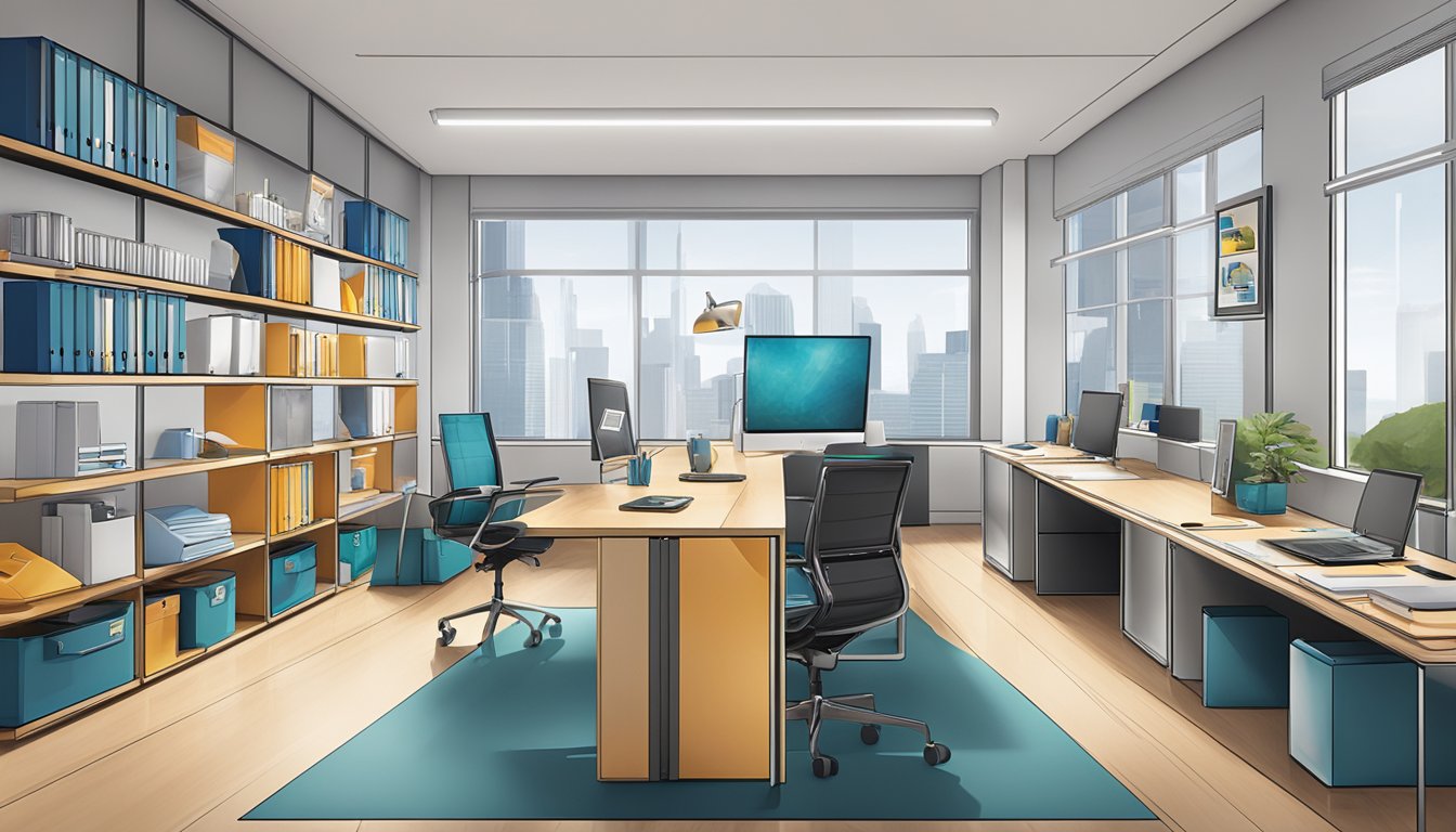 A sleek office setting with branded corporate gifts displayed on shelves and desks. The company logo prominently featured on various items