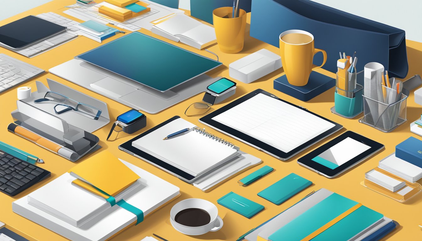 A table filled with a variety of corporate gifts, including branded stationery, drinkware, and tech accessories, displayed in an organized and professional manner