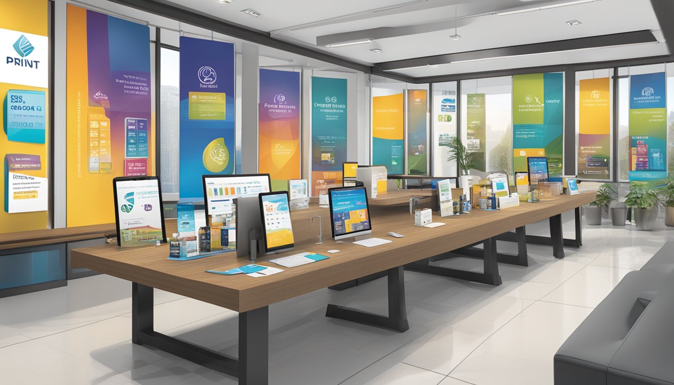 A table displays various corporate gifts with Ministry of Print logo. A sign reads "Pricing and Value Review" above the display