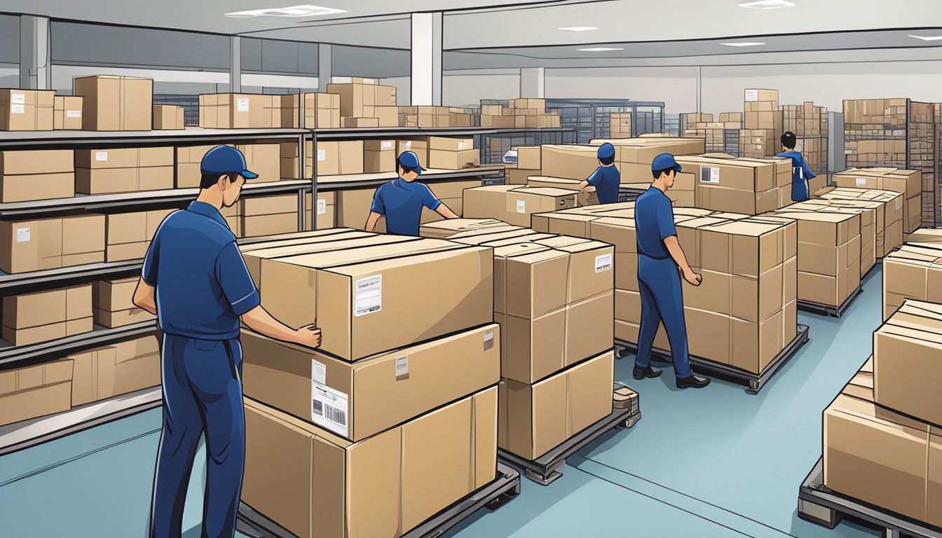 A stack of corporate gifts being packed and labeled in the Ministry of Print Pte Ltd warehouse for delivery and shipping