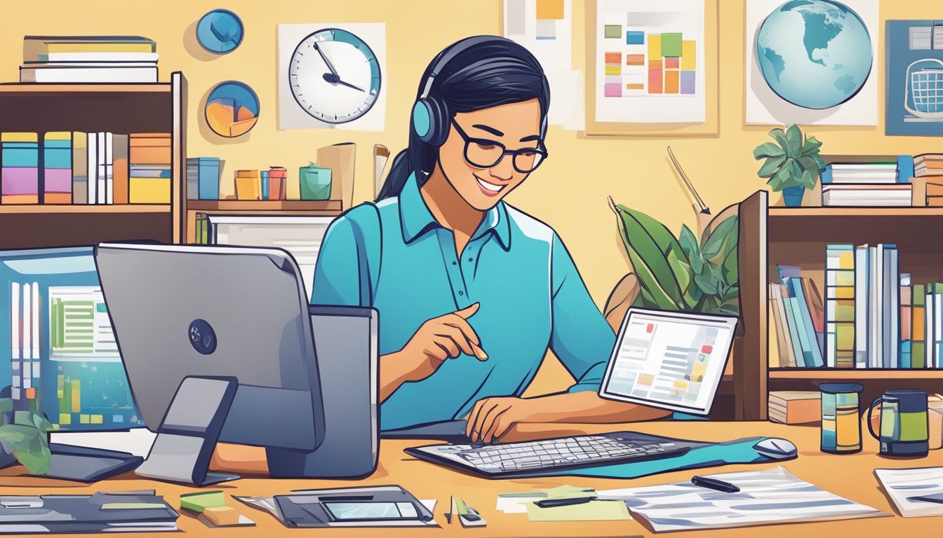 A customer service representative at Ministry of Print Pte Ltd reviews corporate gifts, surrounded by colorful product samples and a computer displaying positive feedback