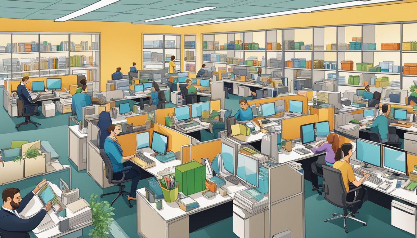 A crowded office with employees answering phones and typing on computers, surrounded by shelves of corporate gift samples and promotional materials