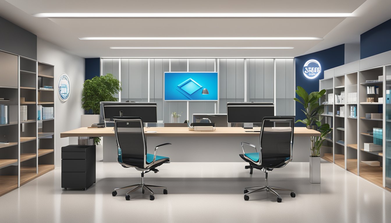 A sleek and modern office setting with branding materials and corporate gifts on display. The Seager Inc Pte Ltd logo prominently featured