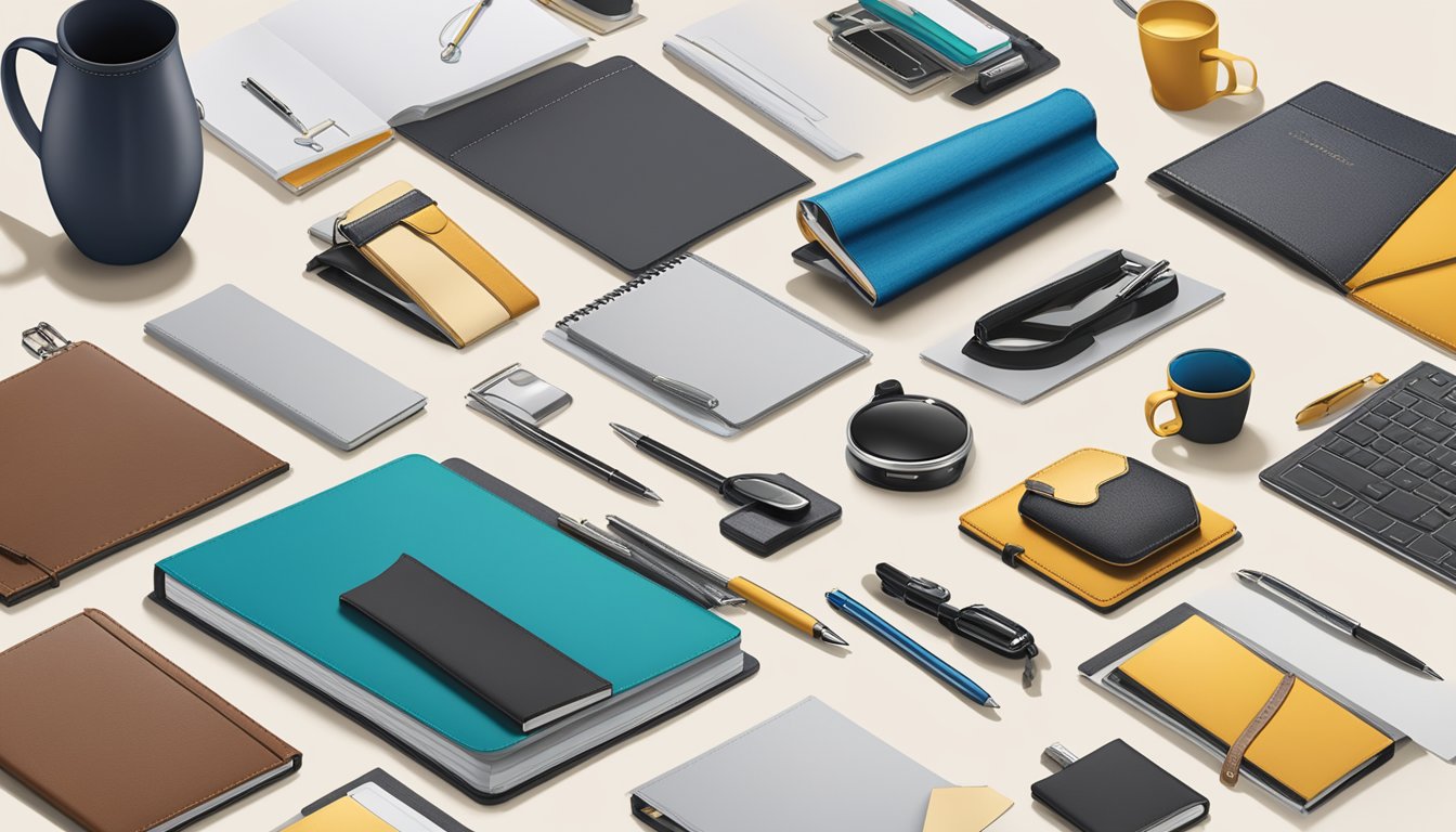 A table displays a variety of corporate gifts - from elegant pens and leather notebooks to branded drinkware and tech accessories