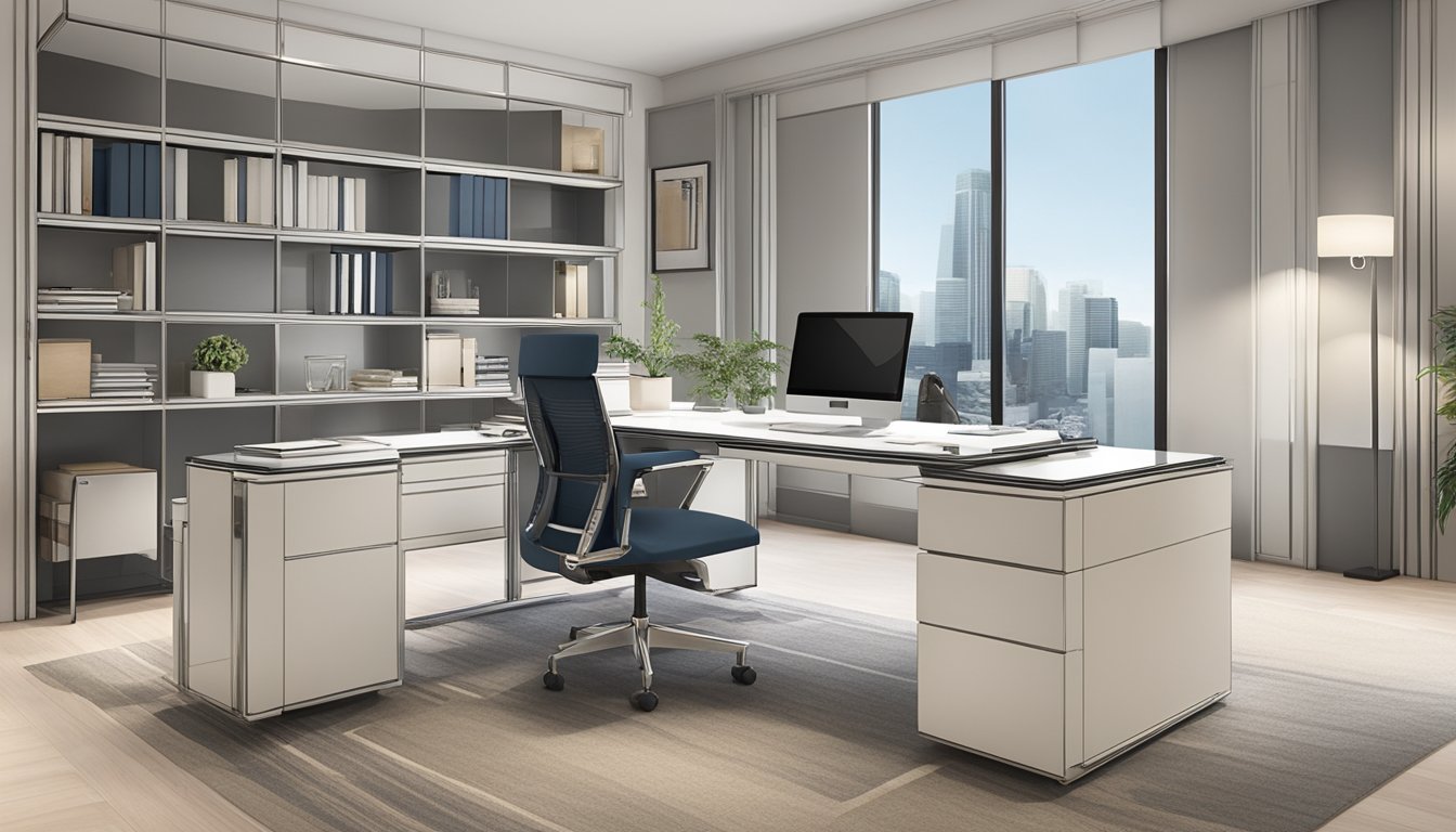 A sleek, modern office desk adorned with elegant, personalized corporate gifts from Seager Inc Pte Ltd. Each item exudes quality and craftsmanship, reflecting the company's commitment to excellence