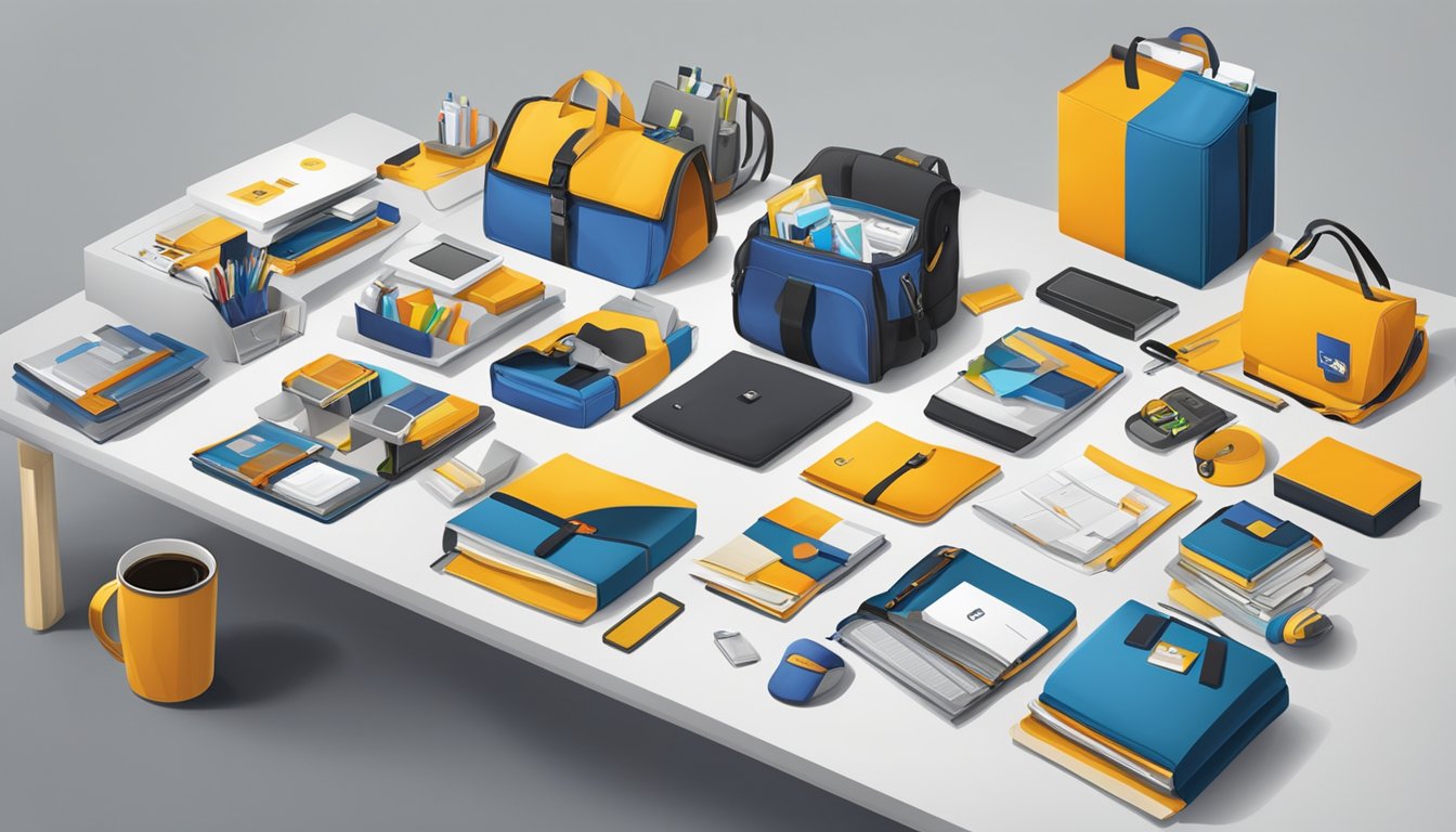 A table filled with various corporate gifts, including branded merchandise and custom products, displayed in an organized and professional manner
