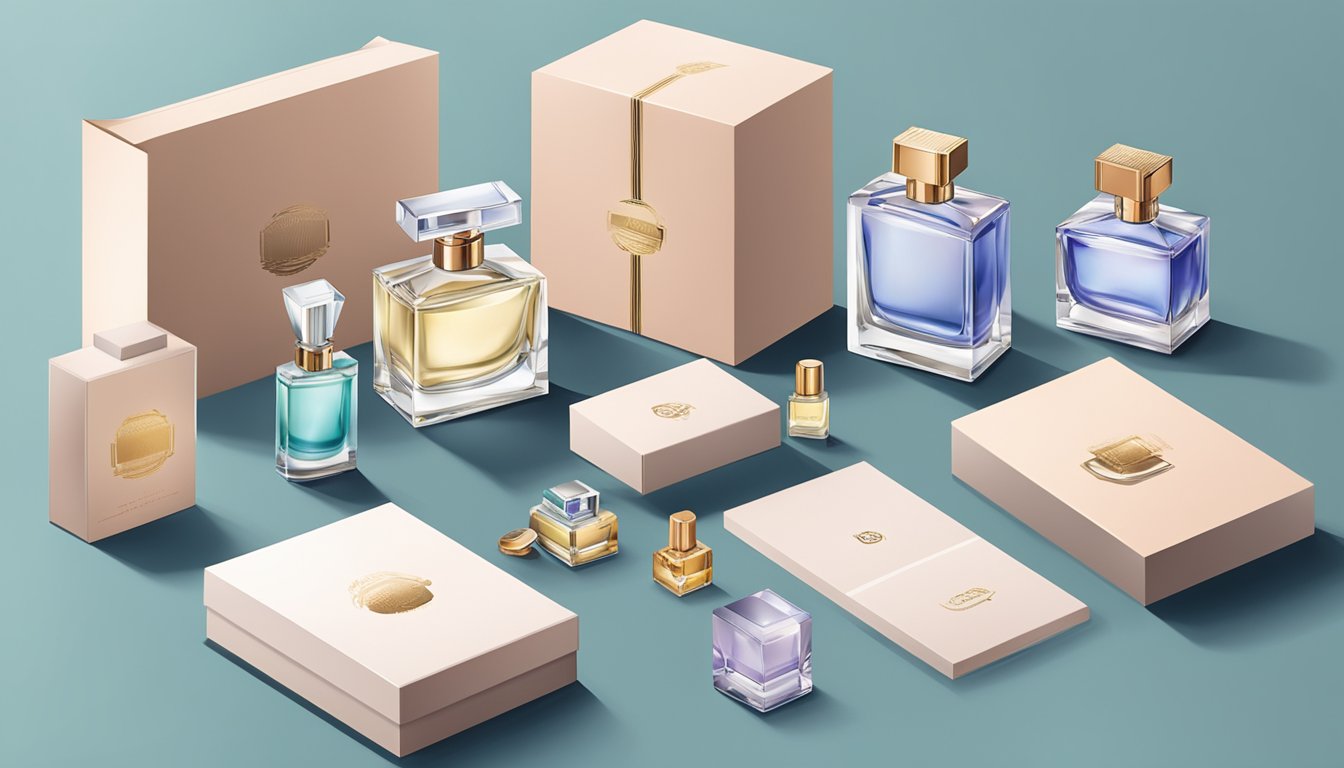 A table set with various perfume bottles, gift boxes, and corporate branding materials arranged in a sleek and professional manner